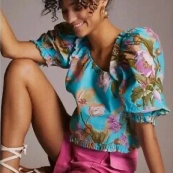Anthropologie Love The‎ Label Top Womens XL Blue Floral Puff Sleeve Asymmetrical - Picture 2 of 14